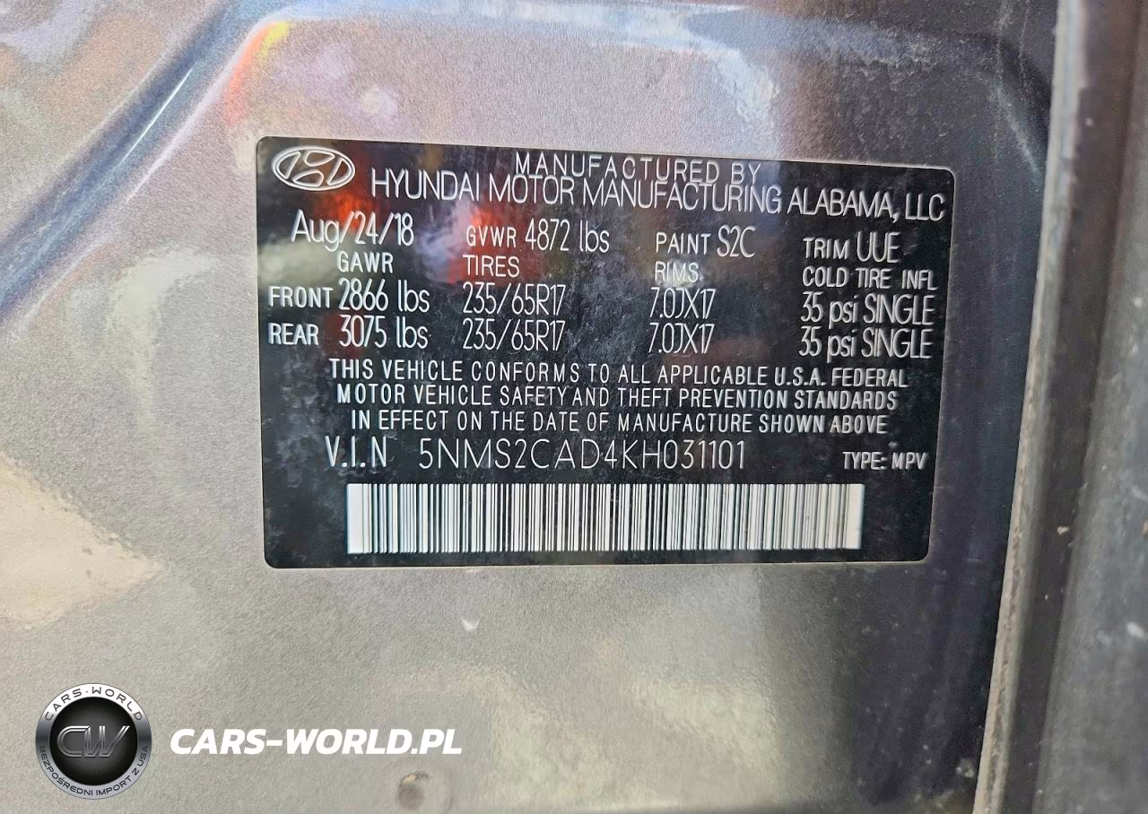 2019 Hyundai Santa Fe Se VIN:5NMS2CAD4KH031101 - 13