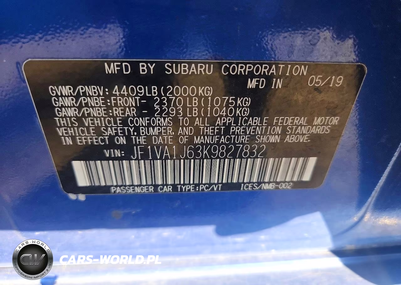 2019 Subaru Wrx Limited VIN:JF1VA1J63K9827832 - 12