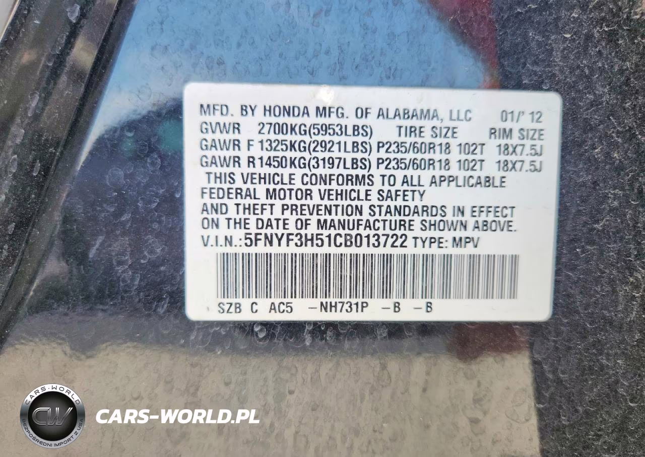 2012 Honda Pilot Exl VIN:5FNYF3H51CB013722 - 14