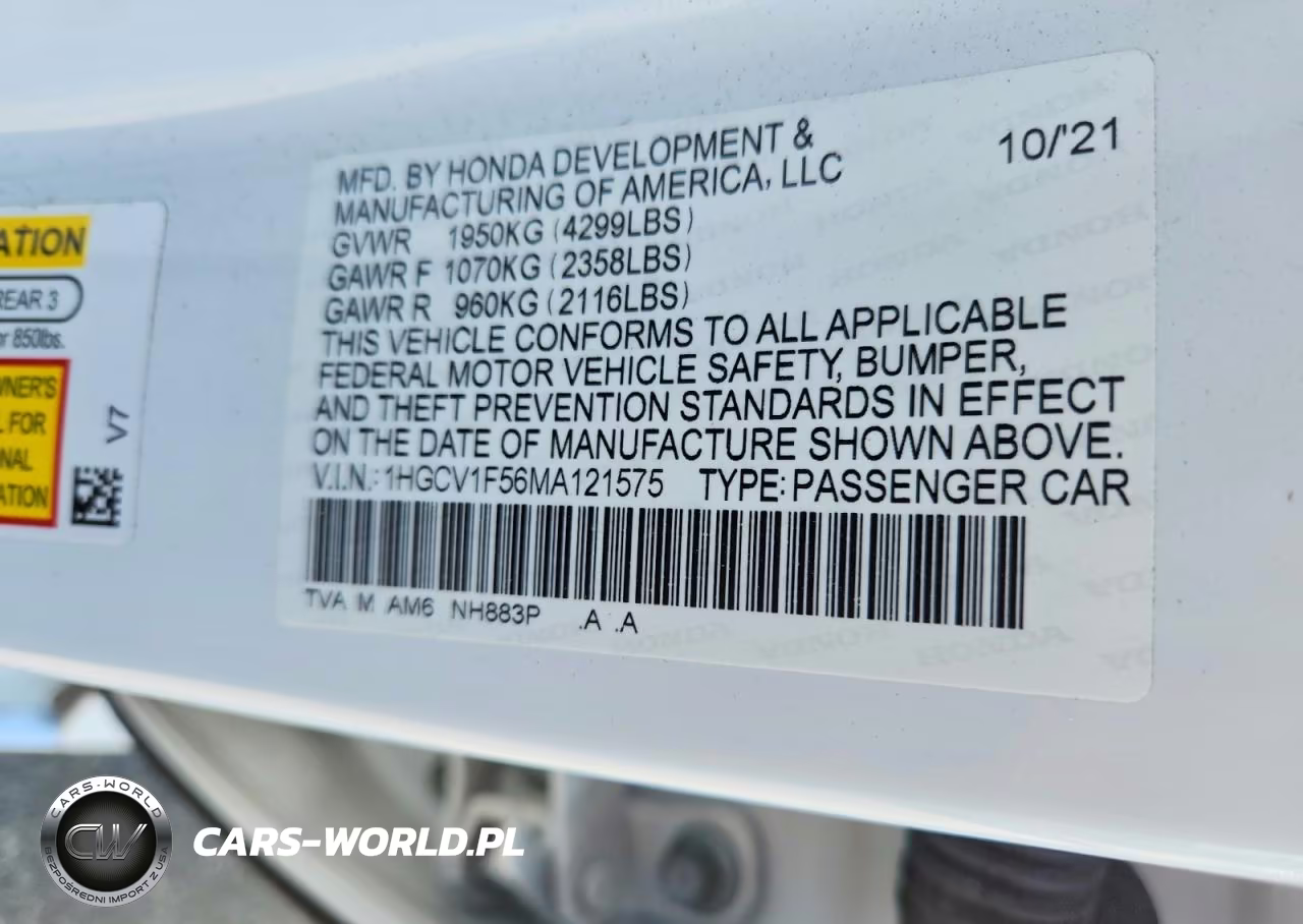 2021 Honda Accord Exl VIN:1HGCV1F56MA121575 - 12