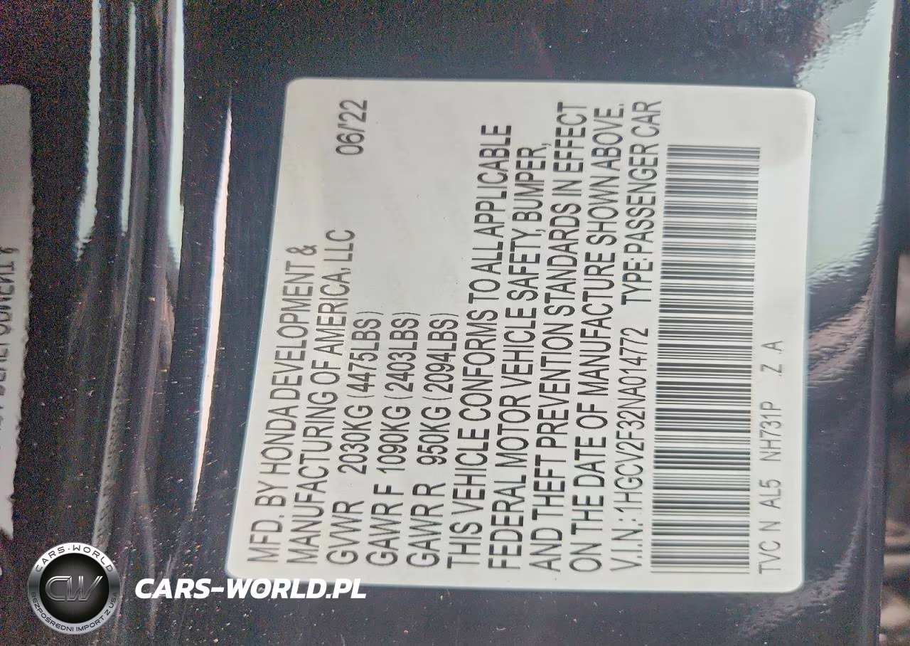 2022 Honda Accord Sport VIN:1HGCV2F32NA014772 - 12