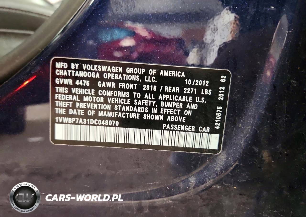 2013 Volkswagen Passat Se VIN:1VWBP7A31DC049070 - 13