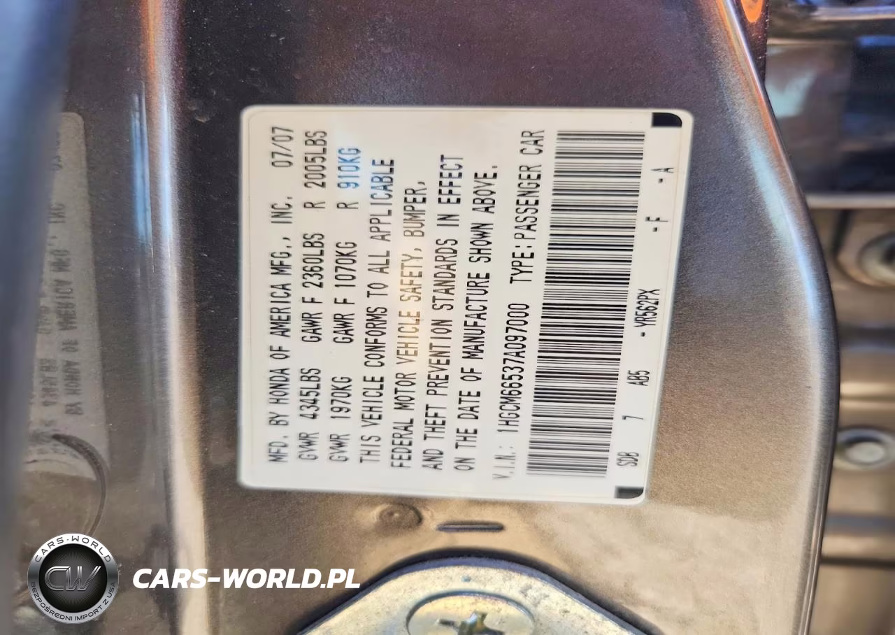 2007 Honda Accord Ex VIN:1HGCM66537A097000 - 12