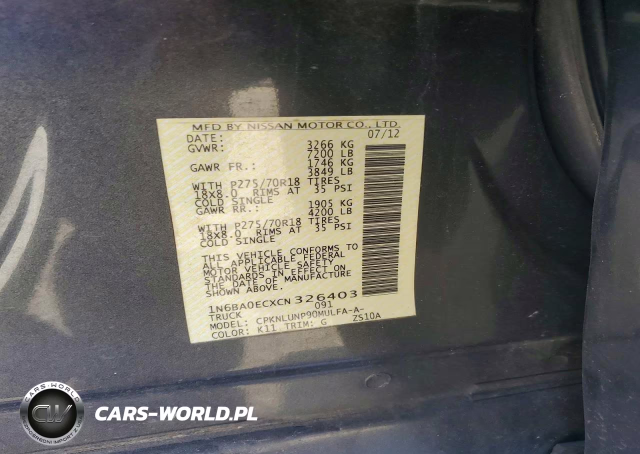 2012 Nissan Titan Sv VIN:1N6BA0ECXCN326403 - 12