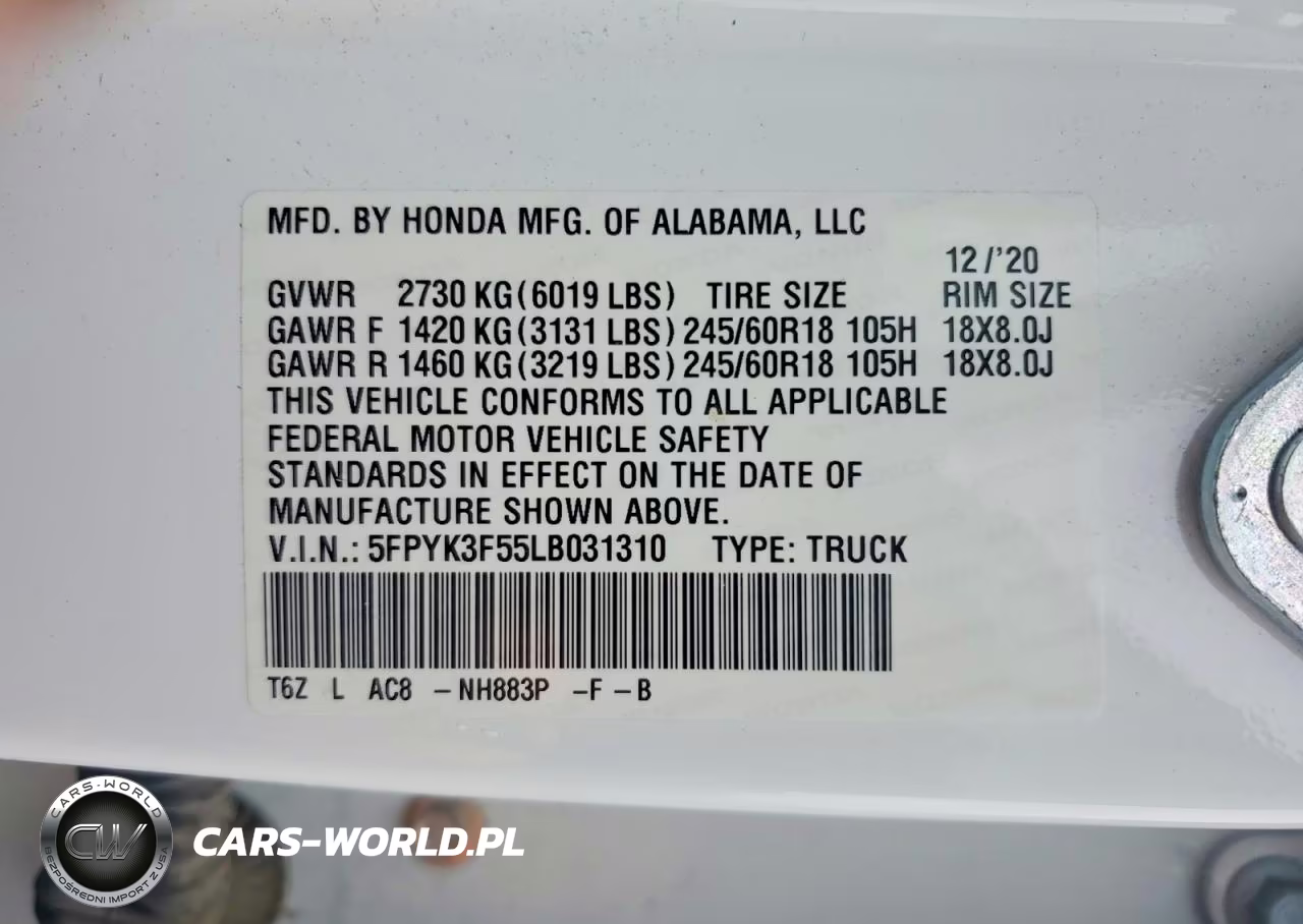 2020 Honda Ridgeline Rtl VIN:5FPYK3F55LB031310 - 12