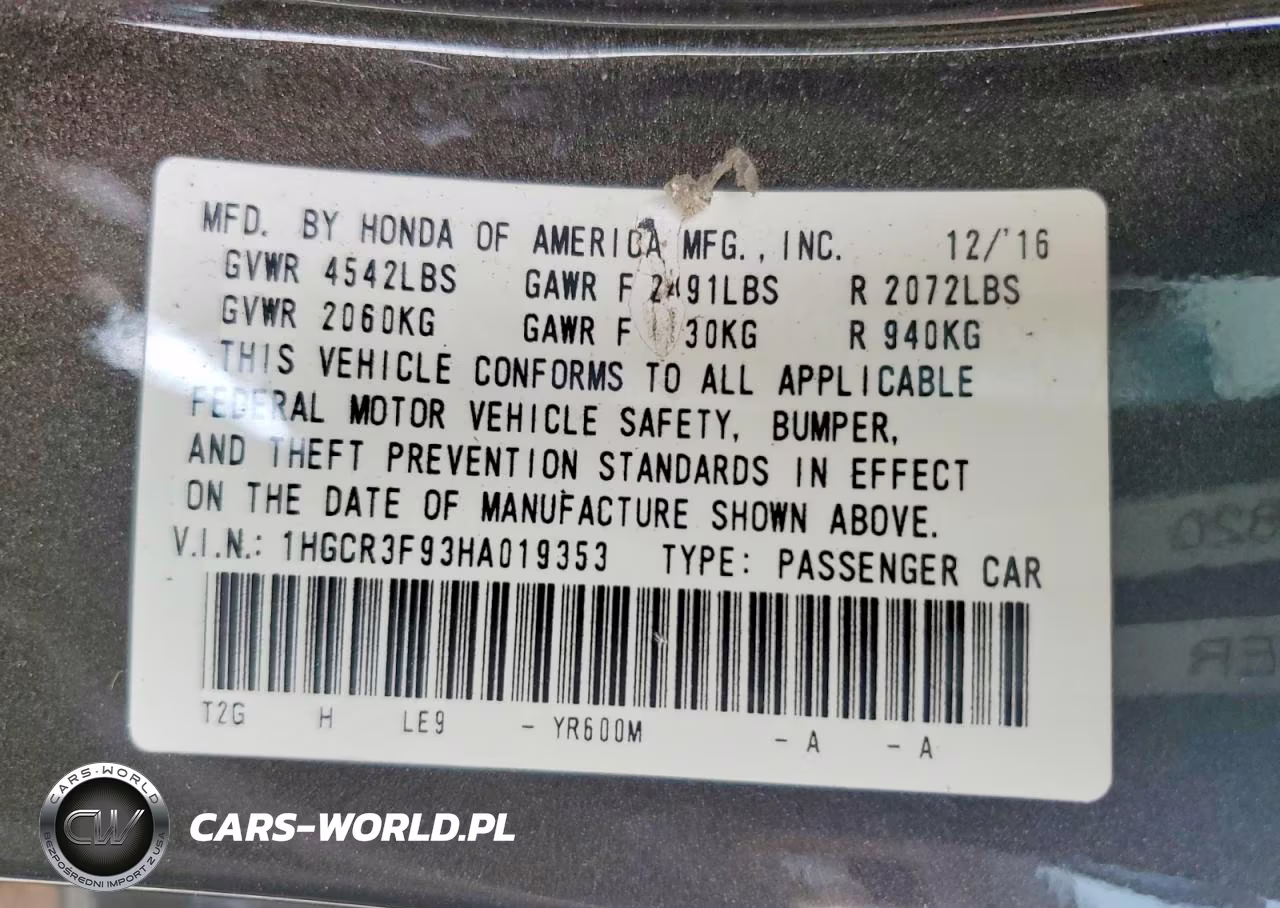 2017 Honda Accord Touring VIN:1HGCR3F93HA019353 - 12