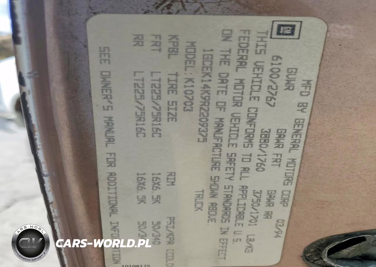 1994 Chevrolet Gmt-400 K1500 VIN:1GCEK14K9RZ209375 - 12