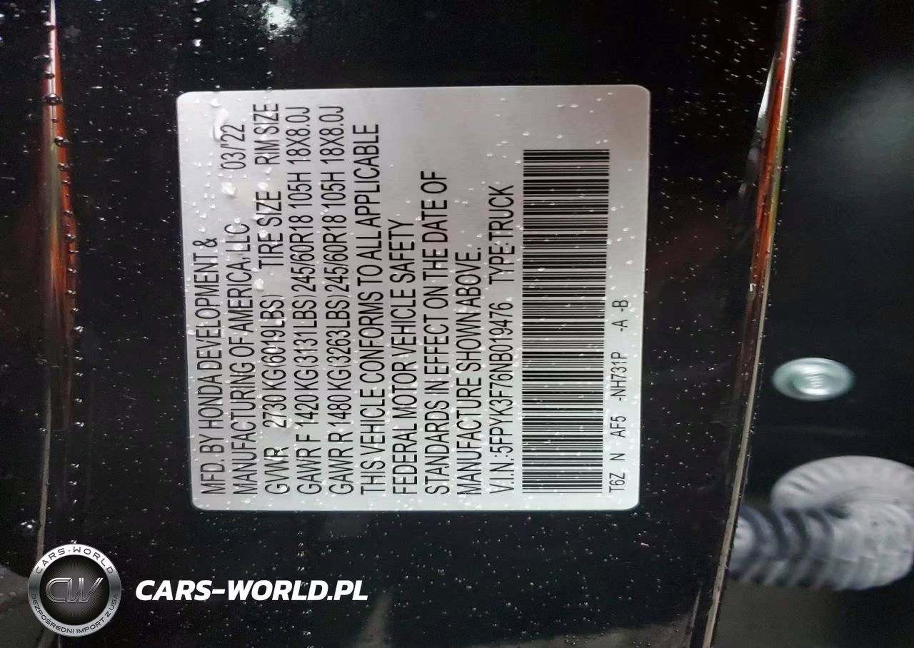 2022 Honda Ridgeline Rtl VIN:5FPYK3F76NB019476 - 12
