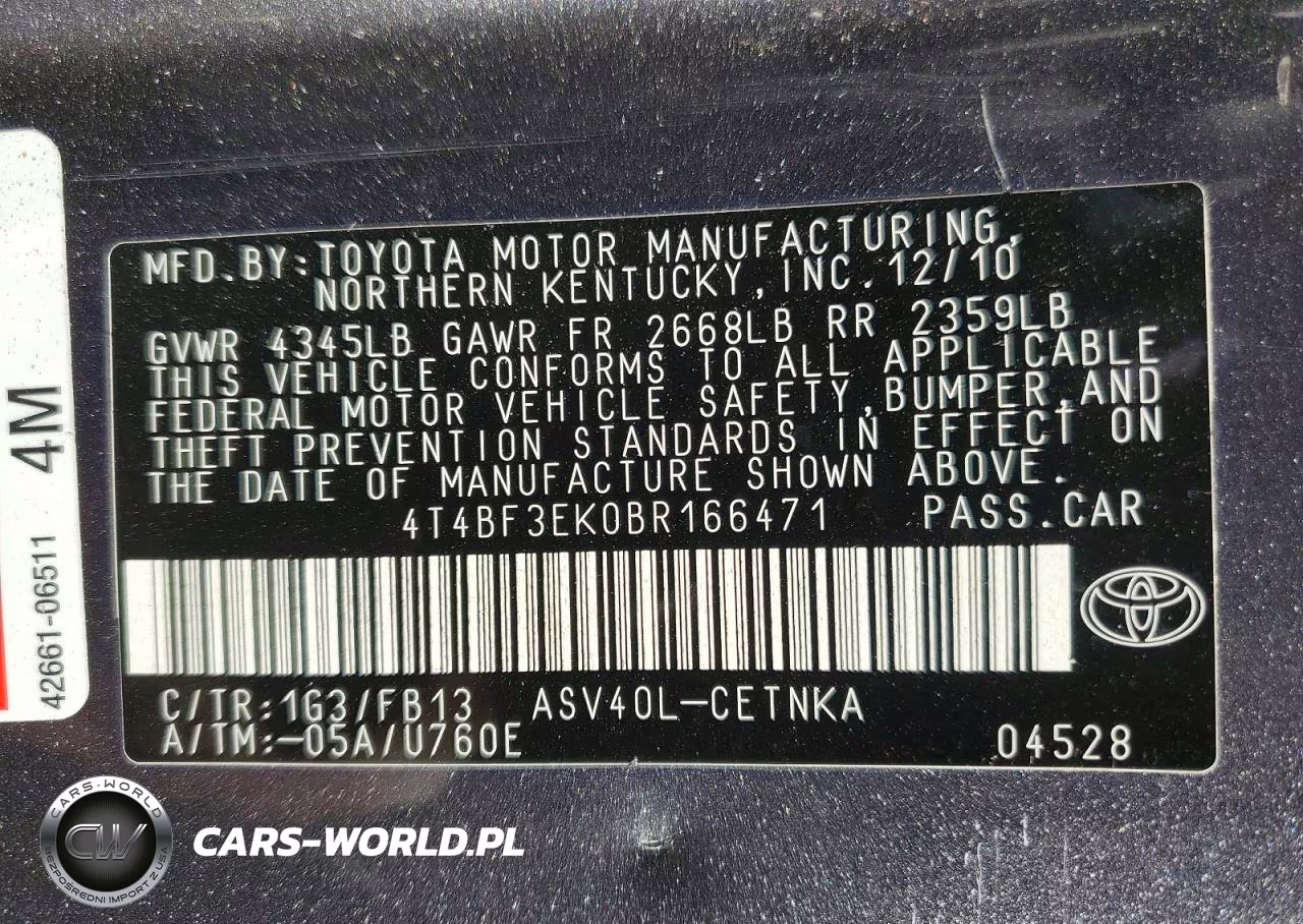 2011 Toyota Camry Le VIN:4T4BF3EK0BR166471 - 12