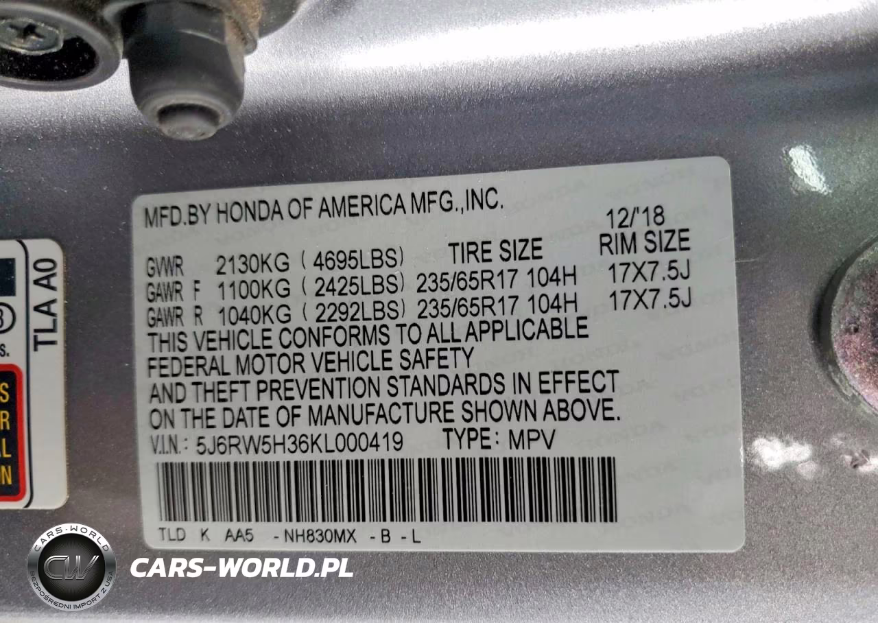 2019 Honda Cr V VIN:5J6RW5H36KL000419 - 12