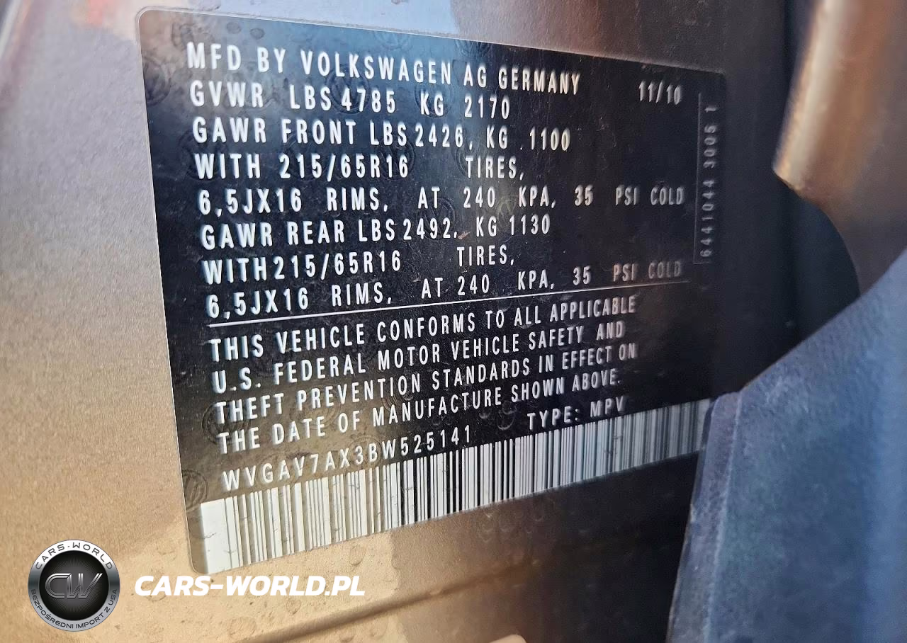 2011 Volkswagen Tiguan S VIN:WVGAV7AX3BW525141 - 12