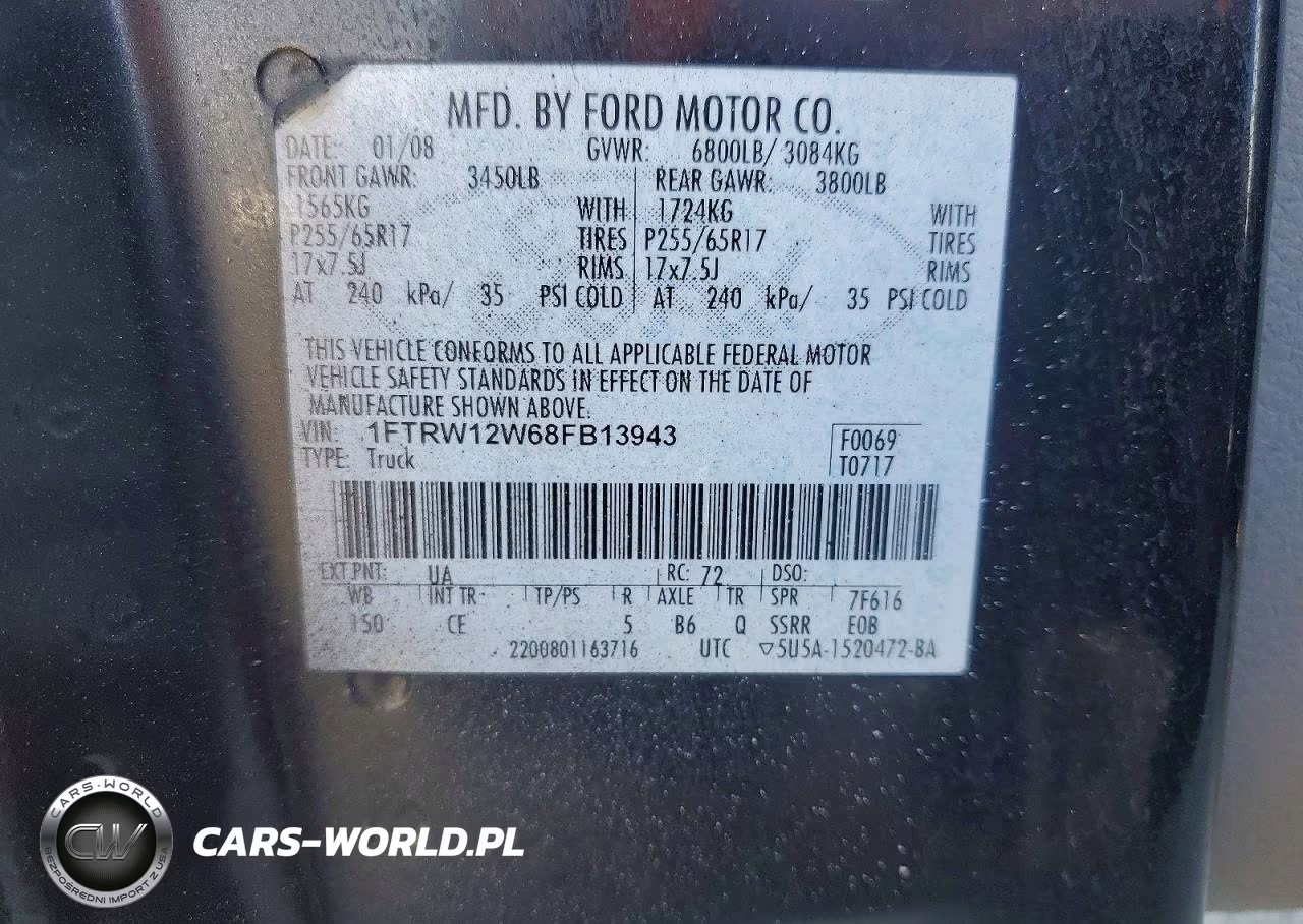 2008 Ford F150 Supercrew VIN:1FTRW12W68FB13943 - 13