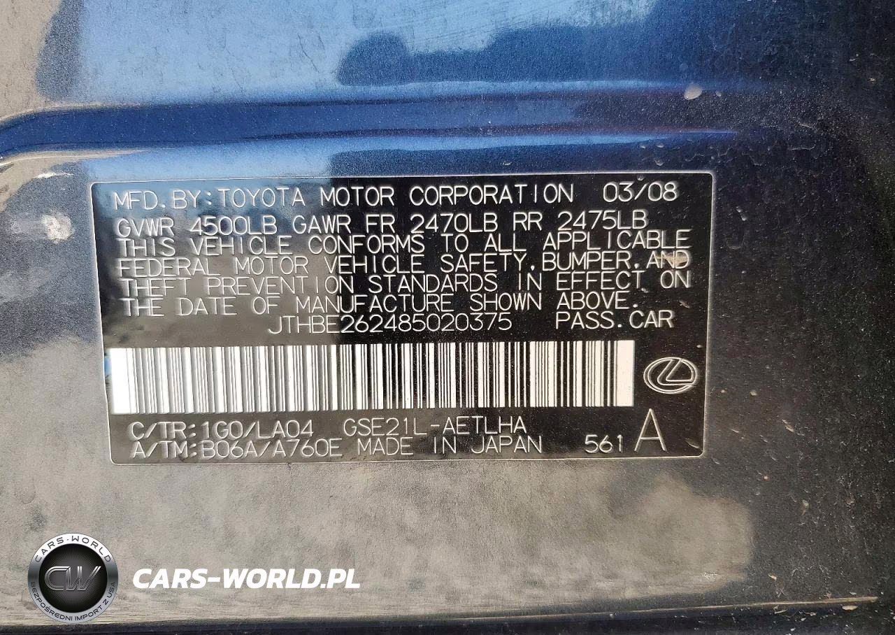 2008 Lexus Is 350 VIN:JTHBE262485020375 - 12