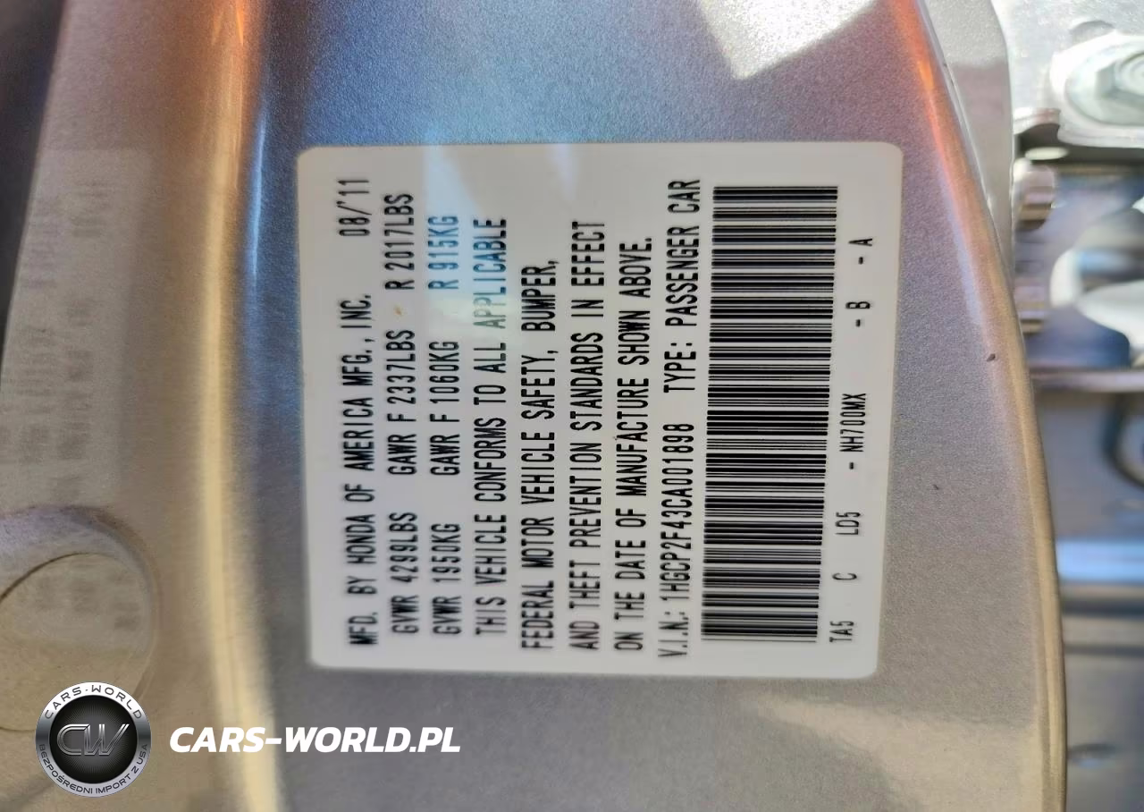 2012 Honda Accord Lxp VIN:1HGCP2F43CA001898 - 12