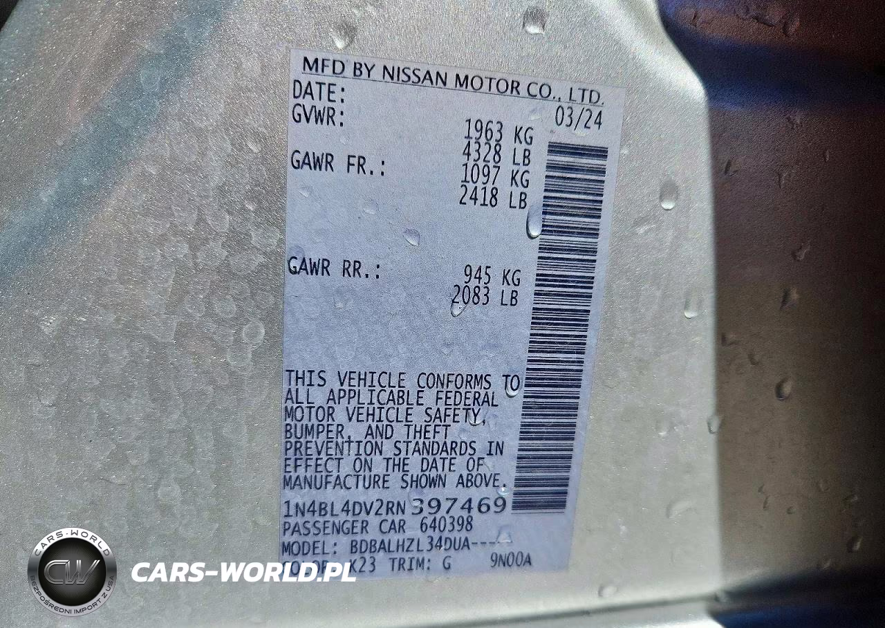 2024 Nissan Altima Sv VIN:1N4BL4DV2RN397469 - 12