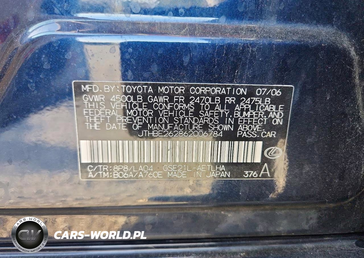 2006 Lexus Is 350 VIN:JTHBE262862006784 - 12