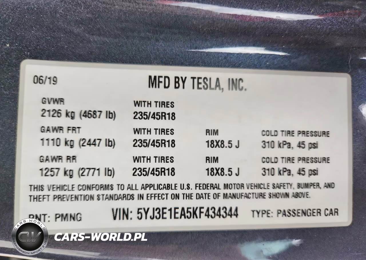 2019 Tesla Model 3 VIN:5YJ3E1EA5KF434344 - 12