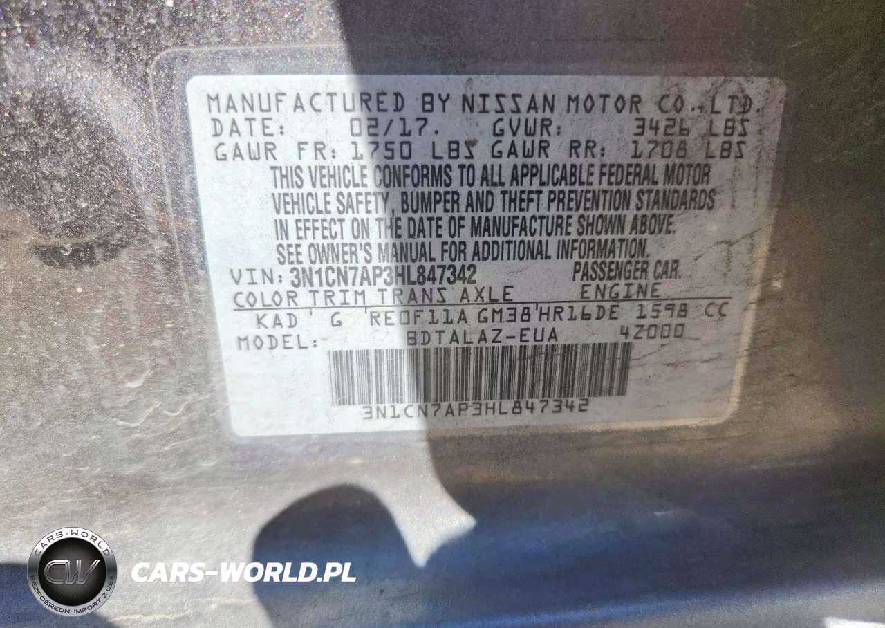 2017 Nissan Versa 1.6 S Plus VIN:3N1CN7AP3HL847342 - 12