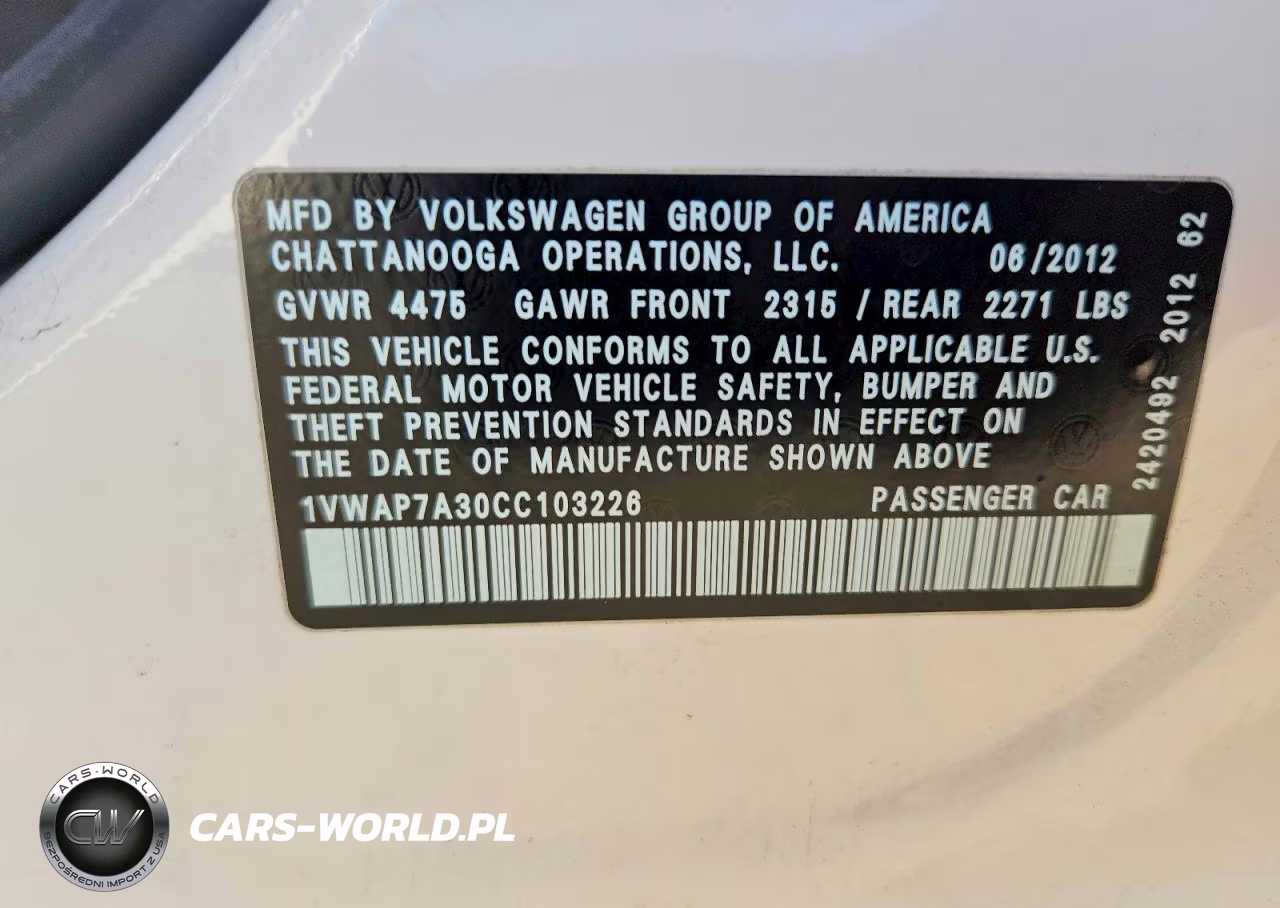 2012 Volkswagen Passat VIN:1VWAP7A30CC103226 - 12