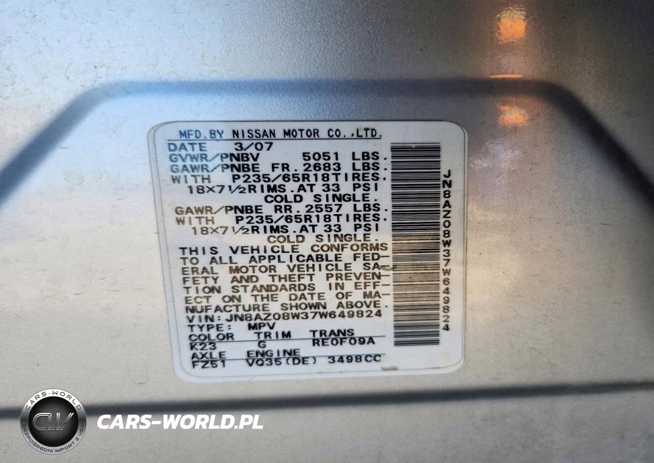 2007 Nissan Murano S VIN:JN8AZ08W37W649824 - 12