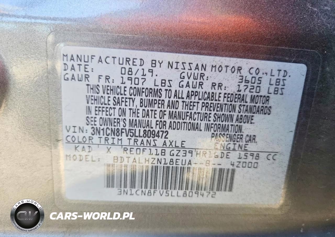 2020 Nissan Versa Sr VIN:3N1CN8FV5LL809472 - 12