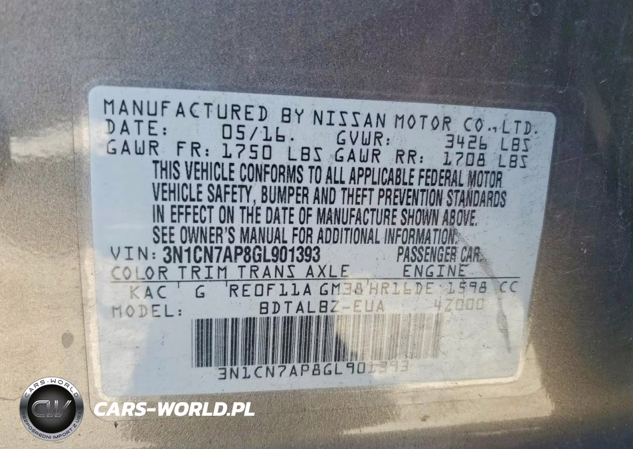 2016 Nissan Versa 1.6 Sv VIN:3N1CN7AP8GL901393 - 13