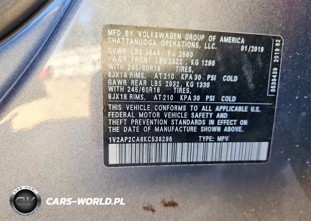 2019 Volkswagen Atlas S VIN:1V2AP2CA6KC538296 - 13