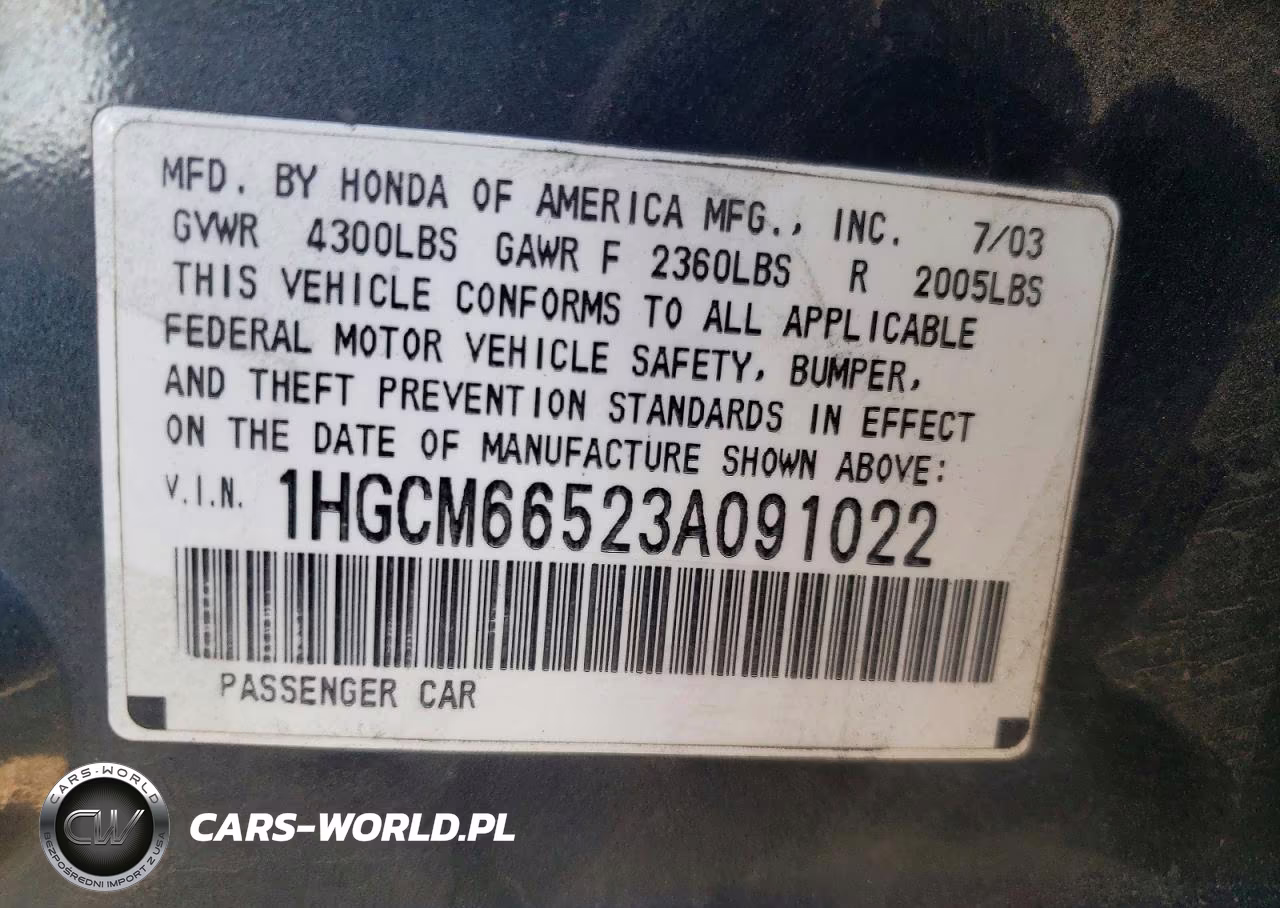2003 Honda Accord 3.0 Ex VIN:1HGCM66523A091022 - 12