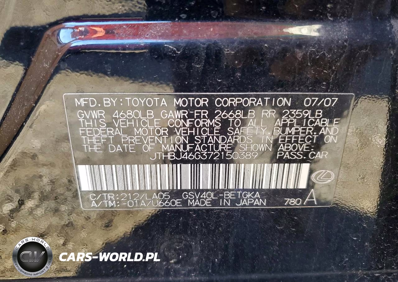 2007 Lexus Es 350 VIN:JTHBJ46G372150389 - 12
