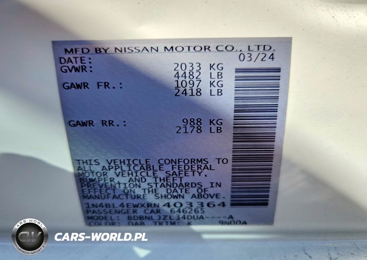 2024 Nissan Altima Sl VIN:1N4BL4EWXRN403364 - 12