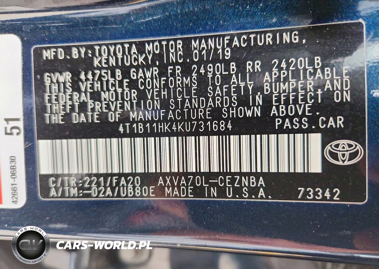 2019 Toyota Camry Le VIN:4T1B11HK4KU731684 - 13