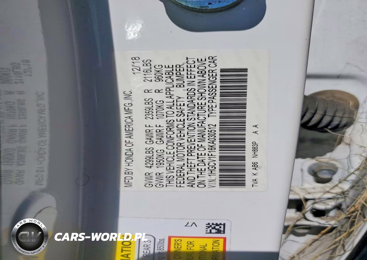 2019 Honda Accord Lx VIN:1HGCV1F16KA030512 - 12