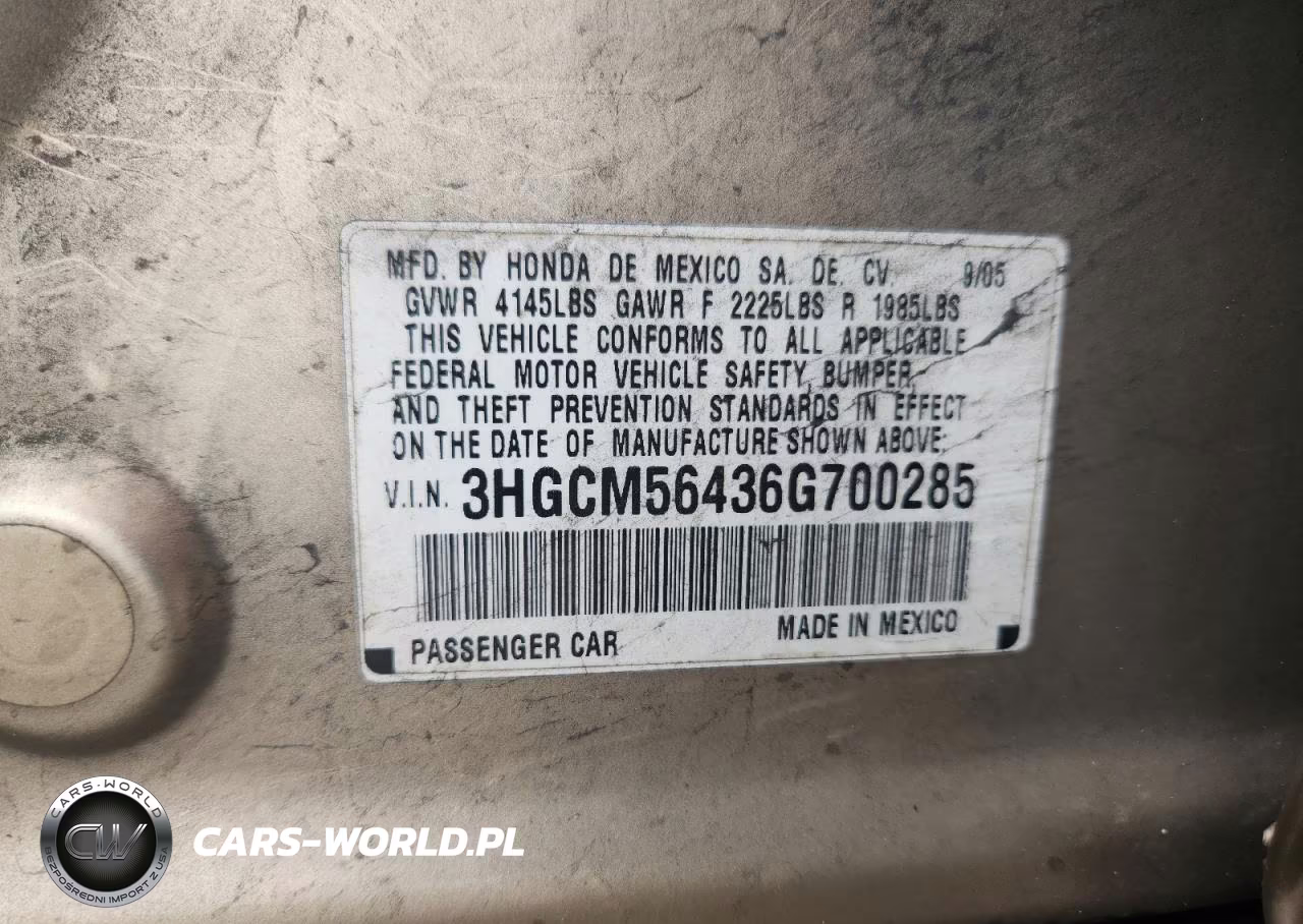2006 Honda Accord Lx VIN:3HGCM56436G700285 - 12