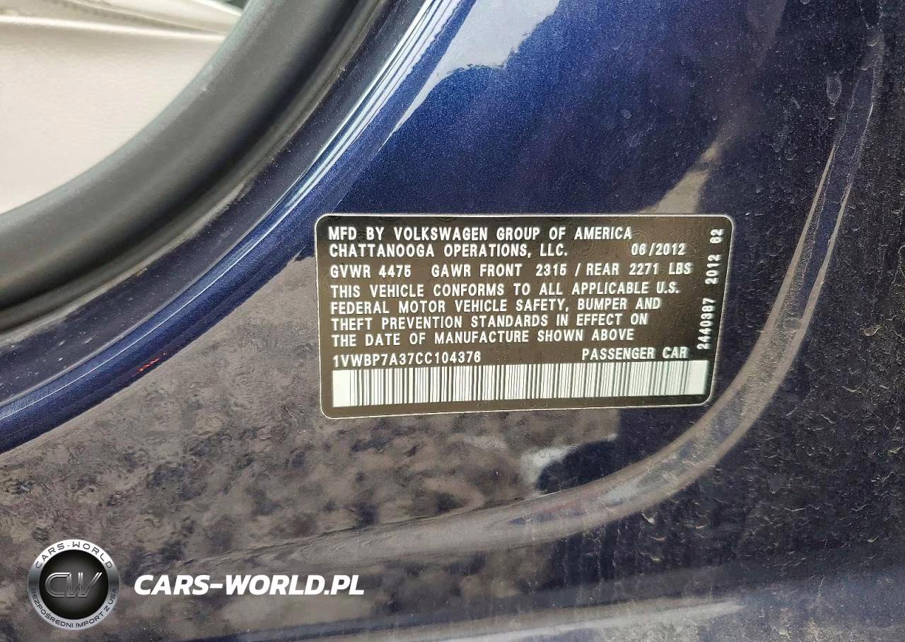 2012 Volkswagen Passat Se VIN:1VWBP7A37CC104376 - 12