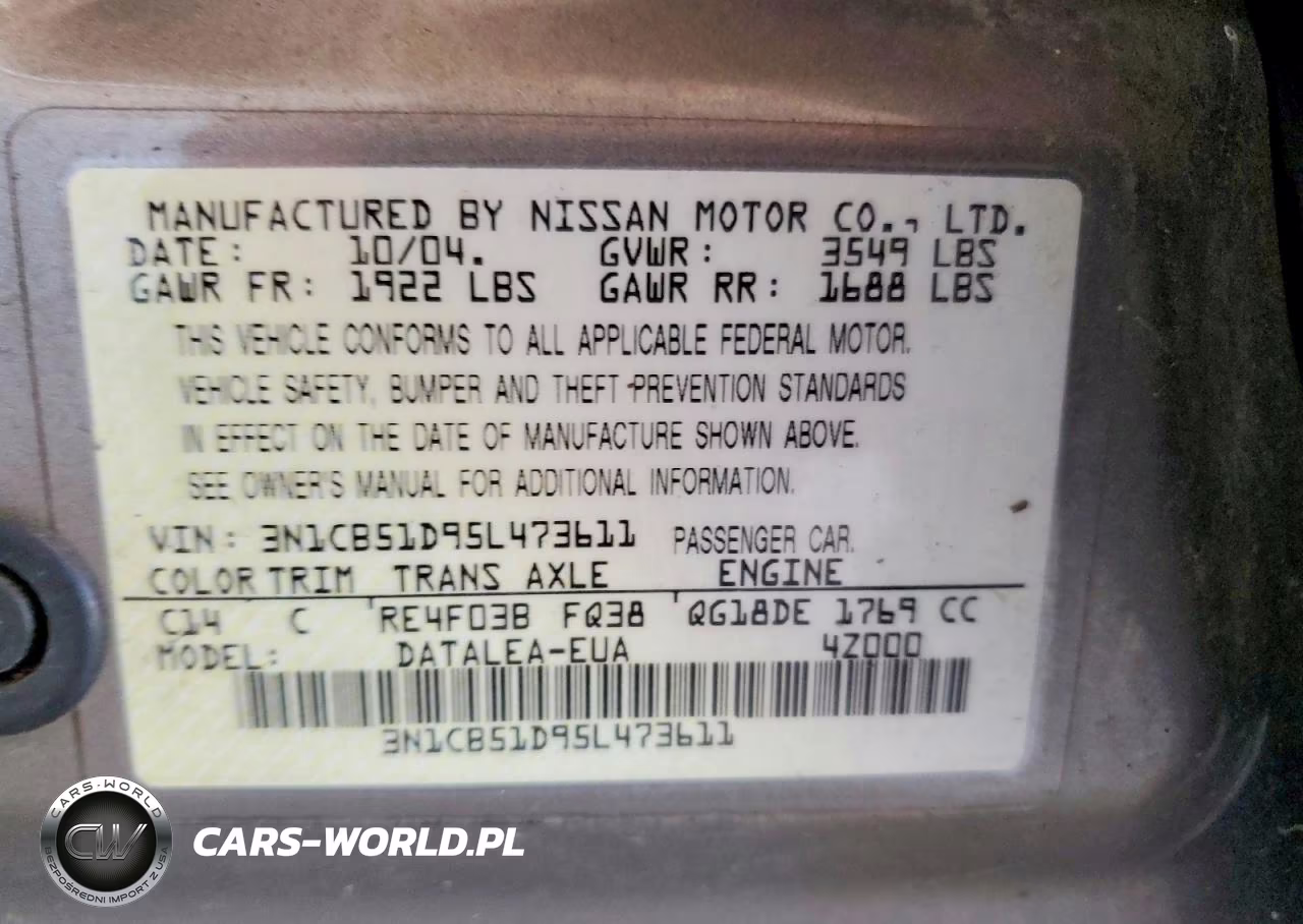 2005 Nissan Sentra 1.8 VIN:3N1CB51D95L473611 - 12