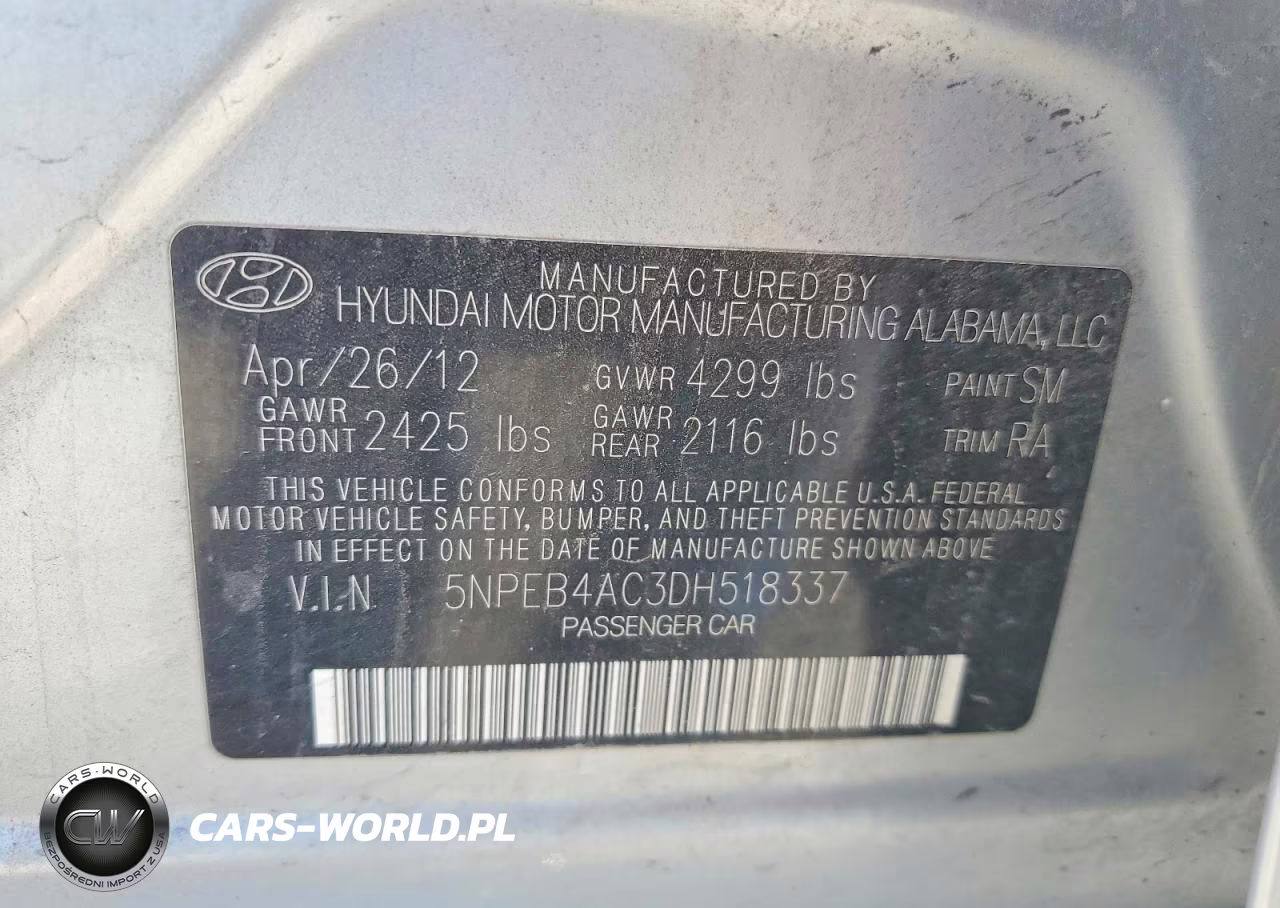 2013 Hyundai Sonata Gls VIN:5NPEB4AC3DH518337 - 12
