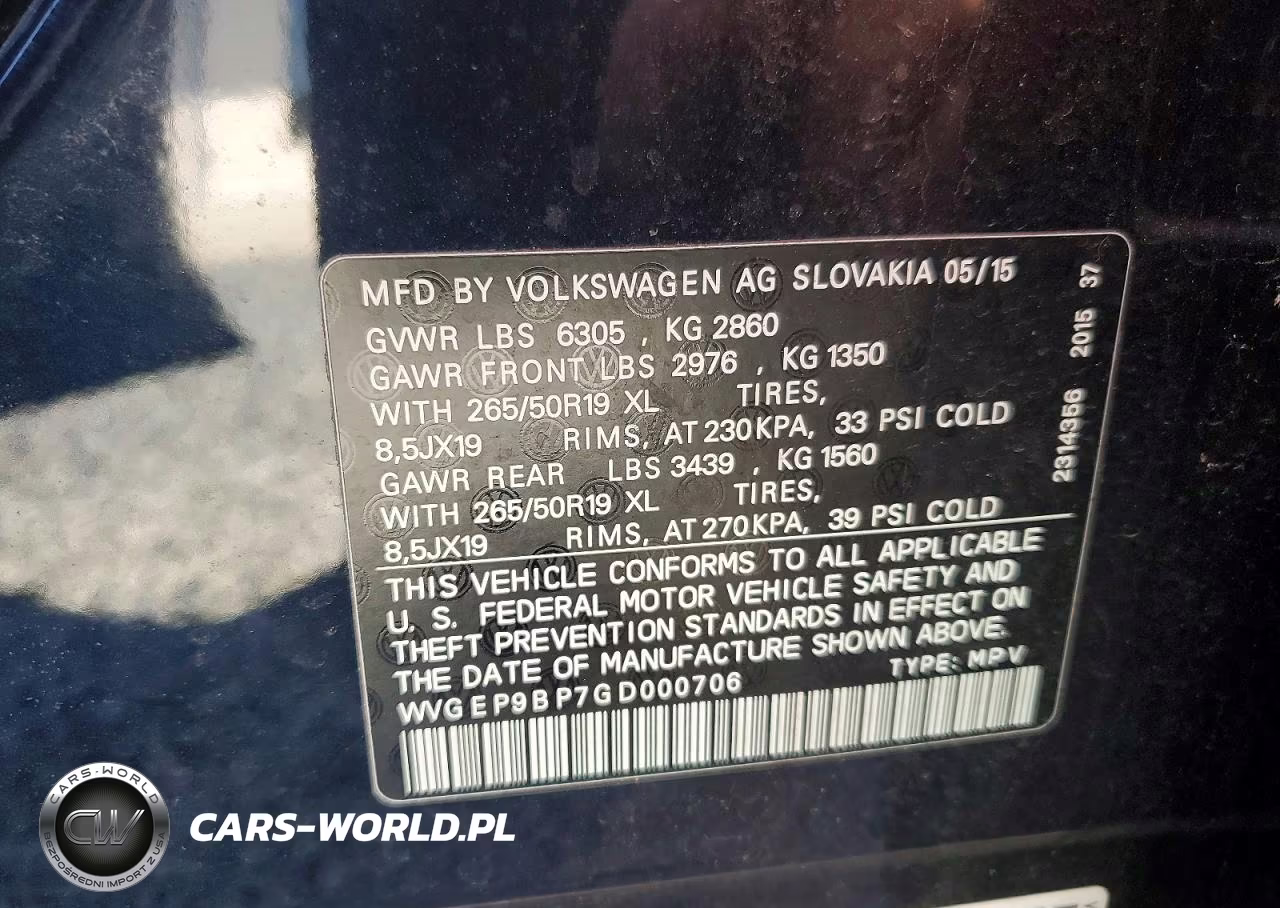2016 Volkswagen Touareg Tdi VIN:WVGEP9BP7GD000706 - 13