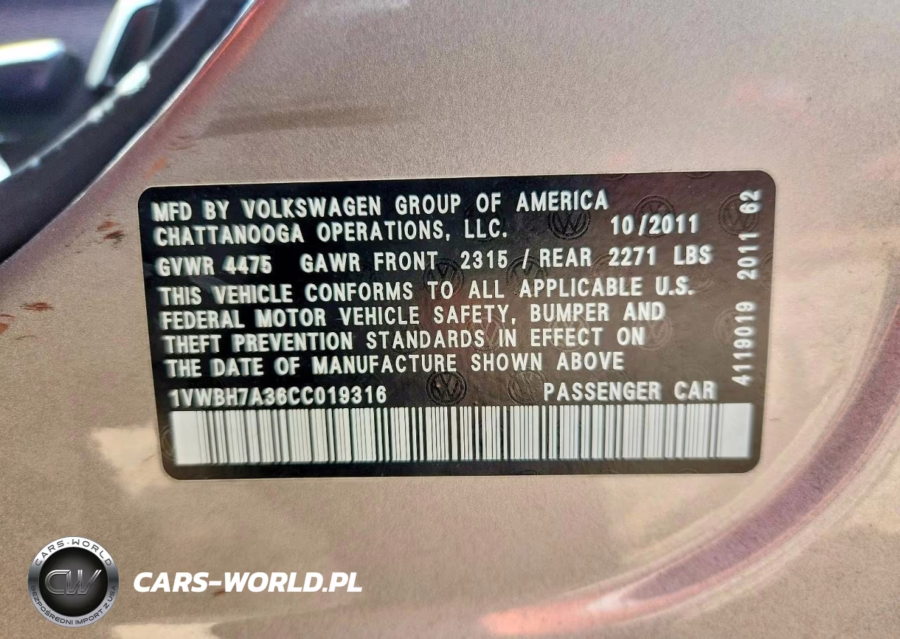 2012 Volkswagen Passat Se VIN:1VWBH7A36CC019316 - 12