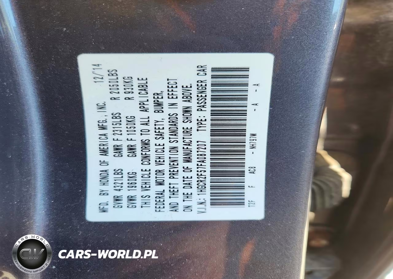 2015 Honda Accord Sport VIN:1HGCR2F57FA087207 - 12