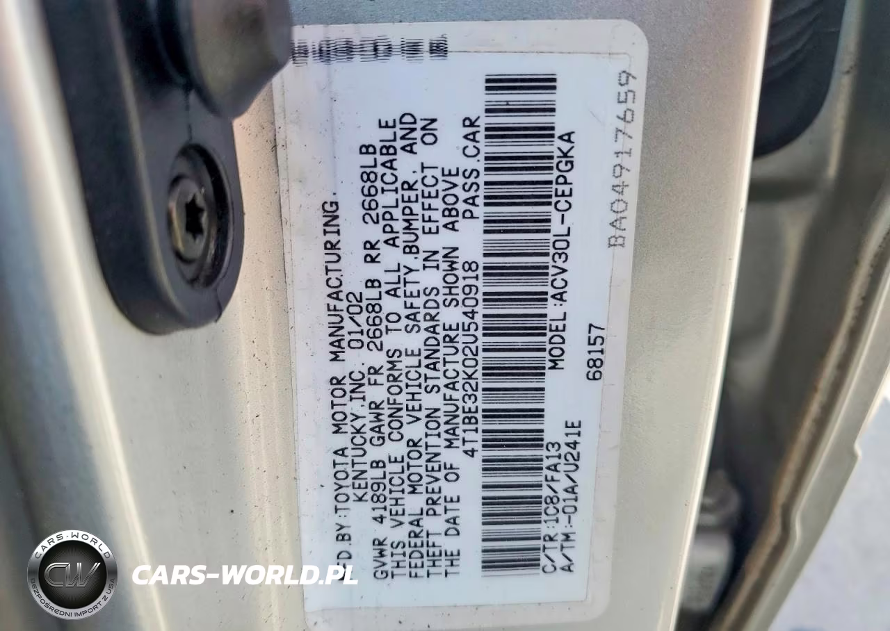 2002 Toyota Camry Xle VIN:4T1BE32K02U540918 - 12