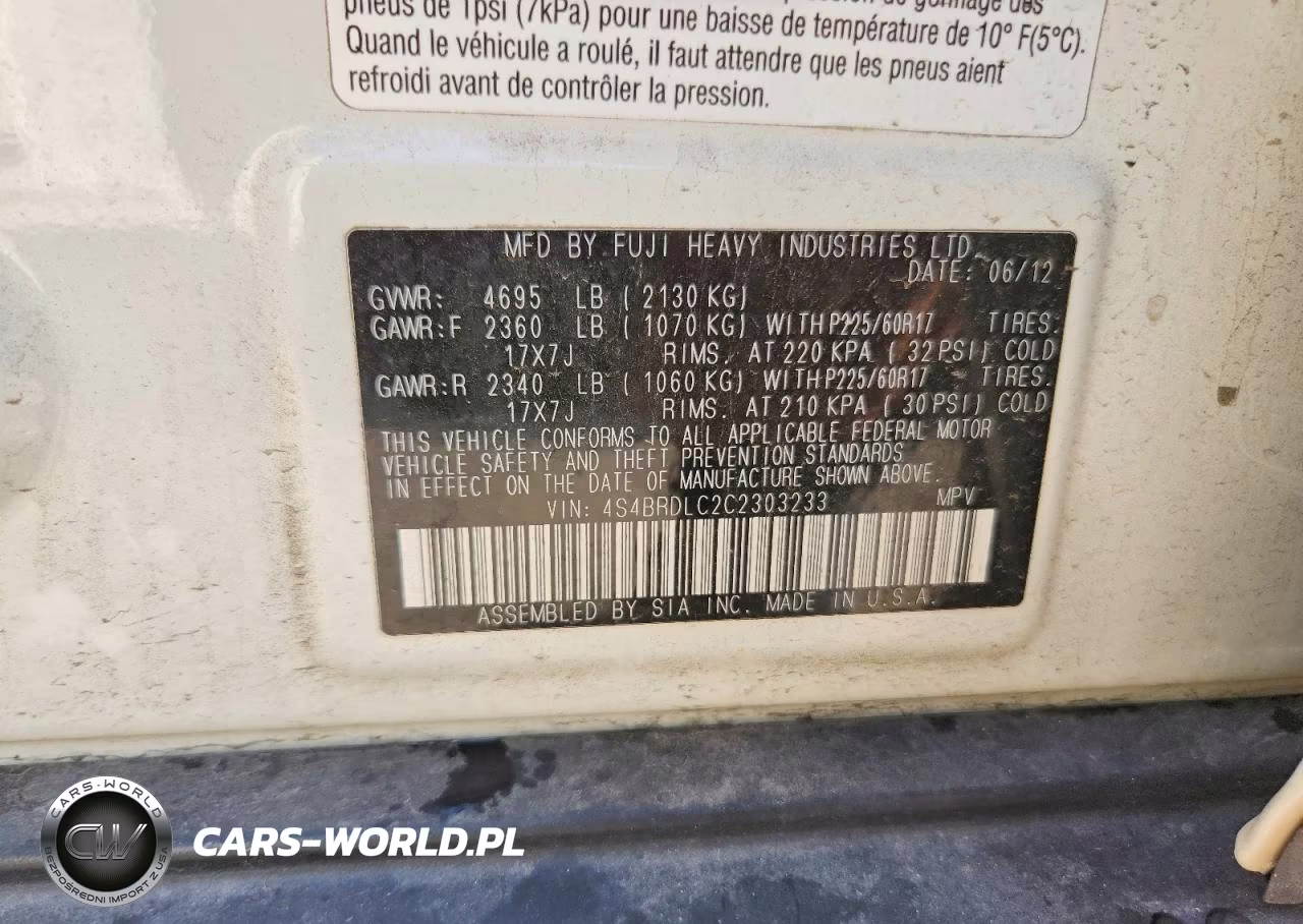 2012 Subaru Outback 3.6R Limited VIN:4S4BRDLC2C2303233 - 12
