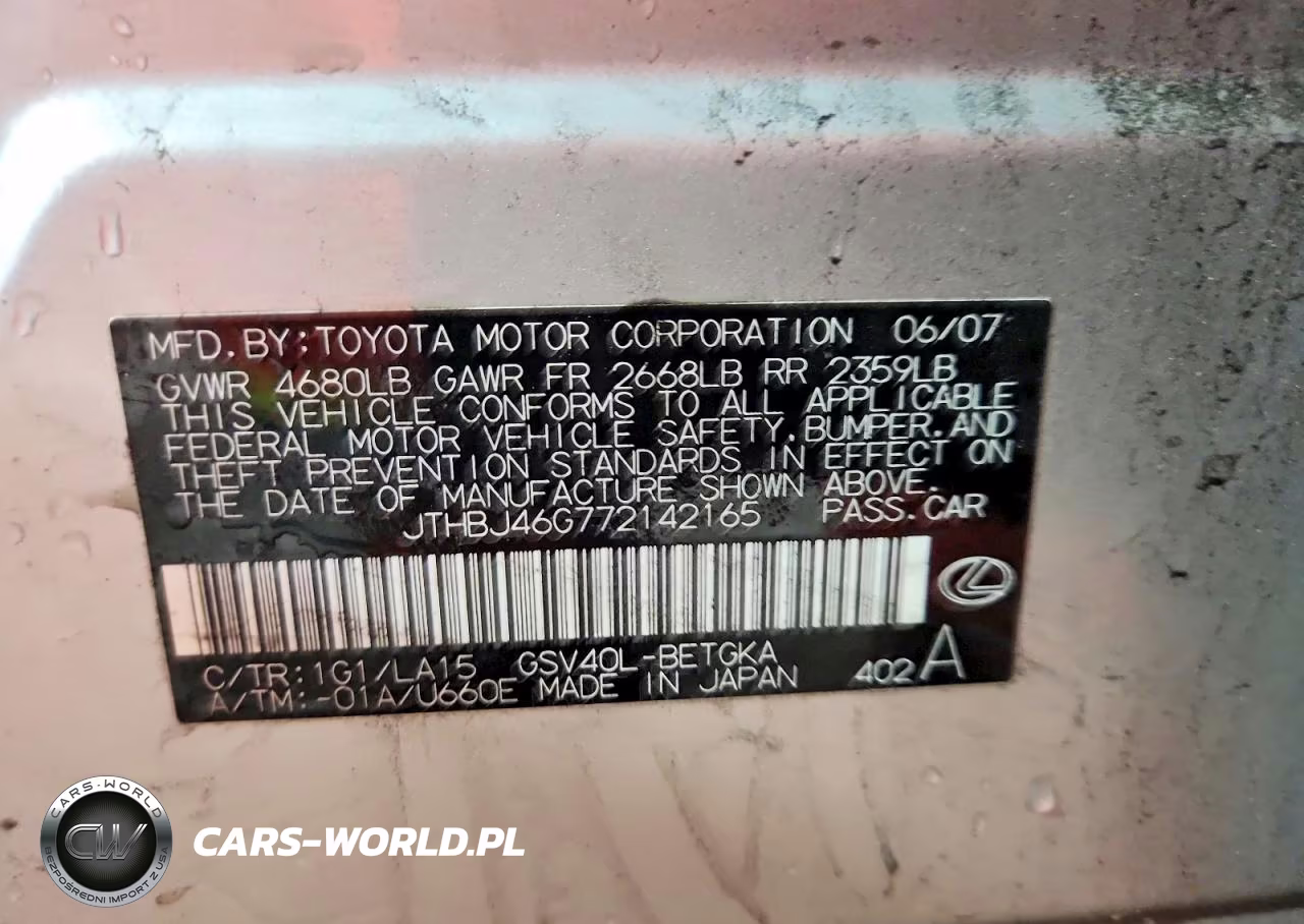 2007 Lexus Es 350 VIN:JTHBJ46G772142165 - 12