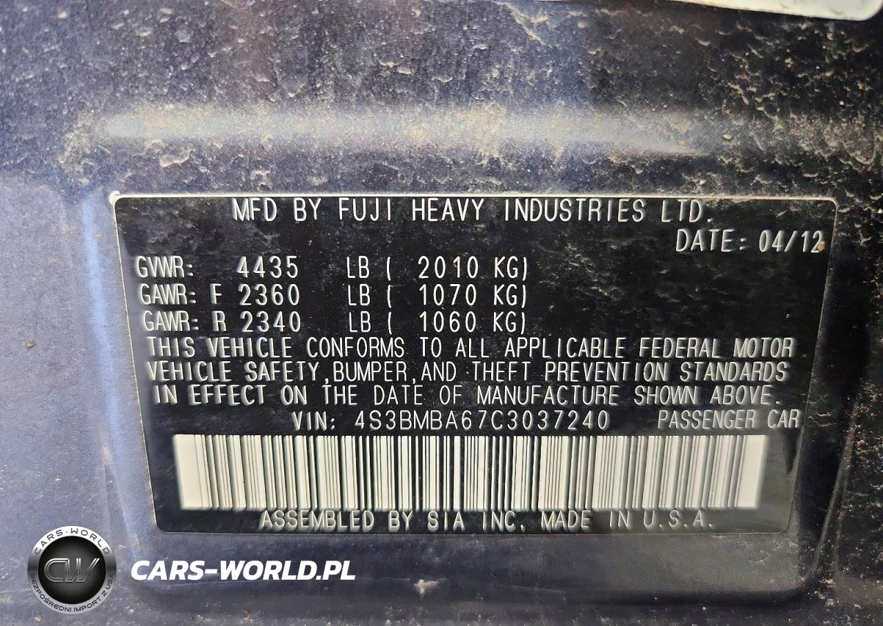 2012 Subaru Legacy 2.5I VIN:4S3BMBA67C3037240 - 12
