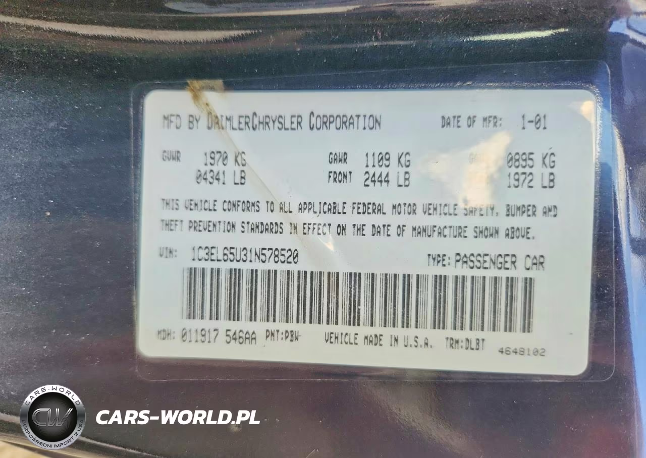 2001 Chrysler Sebring Limited VIN:1C3EL65U31N578520 - 12