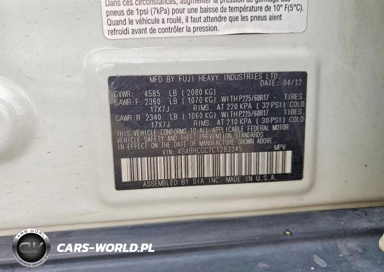 2012 Subaru Outback 2.5I Premium VIN:4S4BRCGC7C1283345 - 12