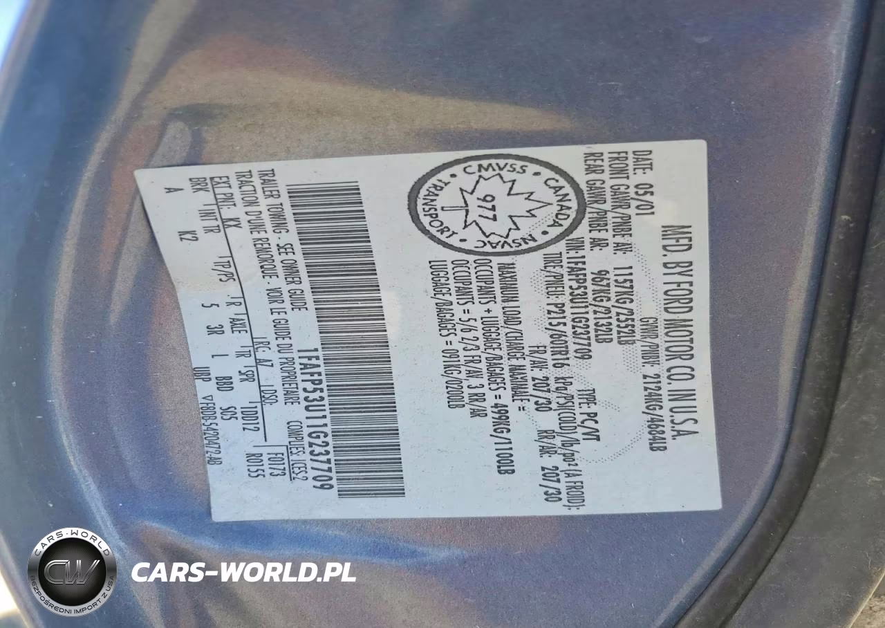 2001 Ford Taurus Se VIN:1FAFP53U11G237709 - 12