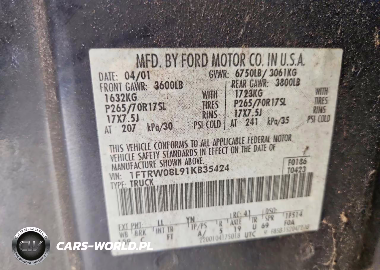 2001 Ford F150 Supercrew VIN:1FTRW08L91KB35424 - 12