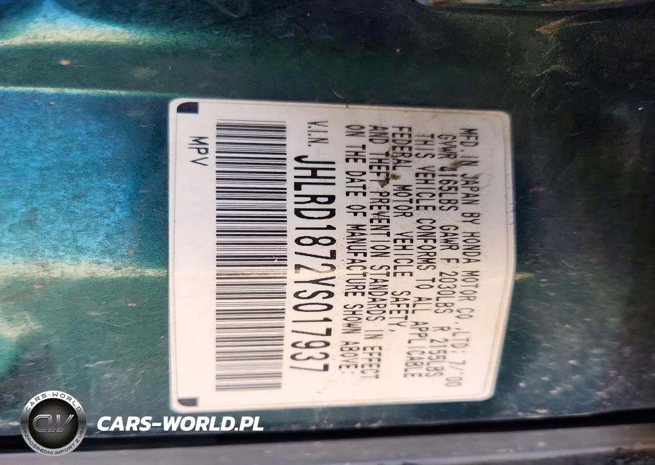 2000 Honda Cr-V Se VIN:JHLRD1872YS017937 - 12