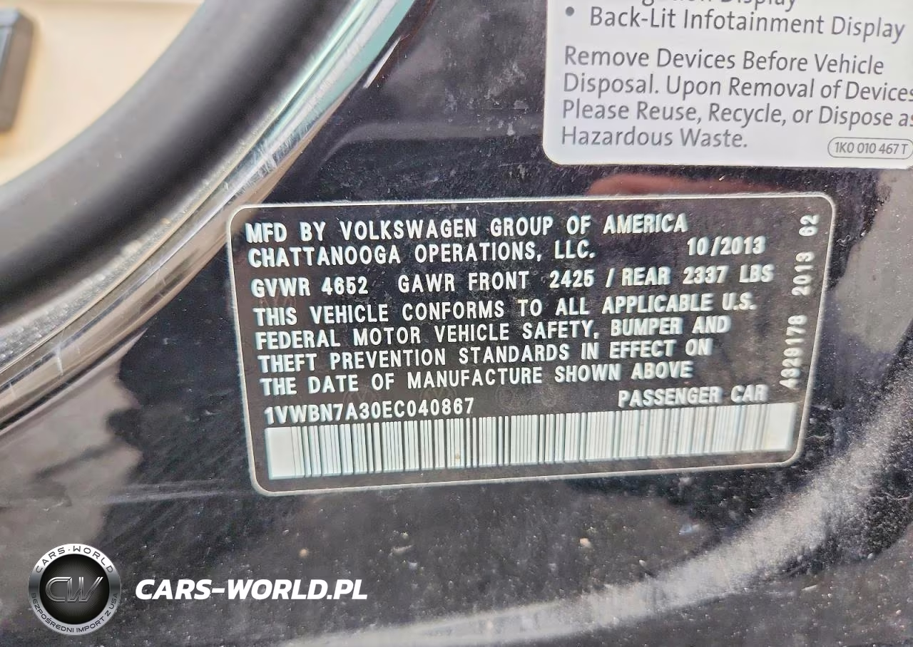 2012 Volkswagen Passat Se VIN:1VWBN7A30EC040867 - 12