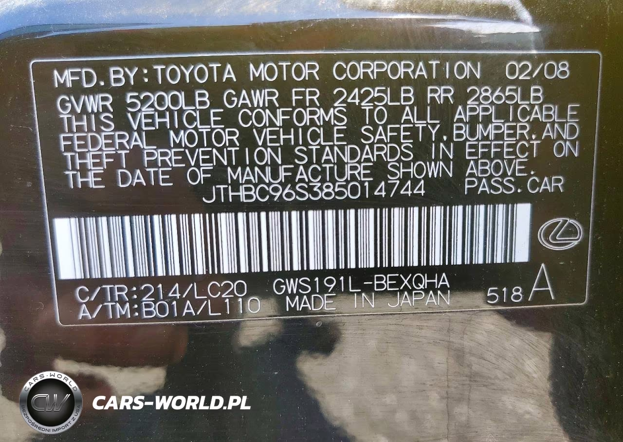 2008 Lexus Gs 450H VIN:JTHBC96S385014744 - 12